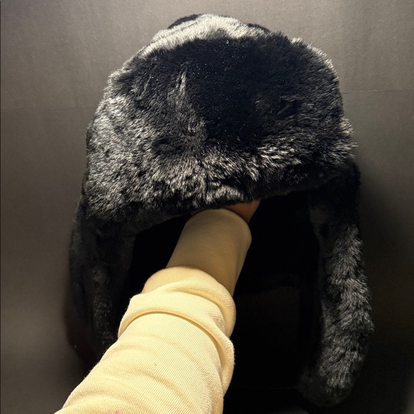 Saks Fifth Avenue Black Rex Rabbit Fur Winter Trapper Hat - Picture 9 of 11